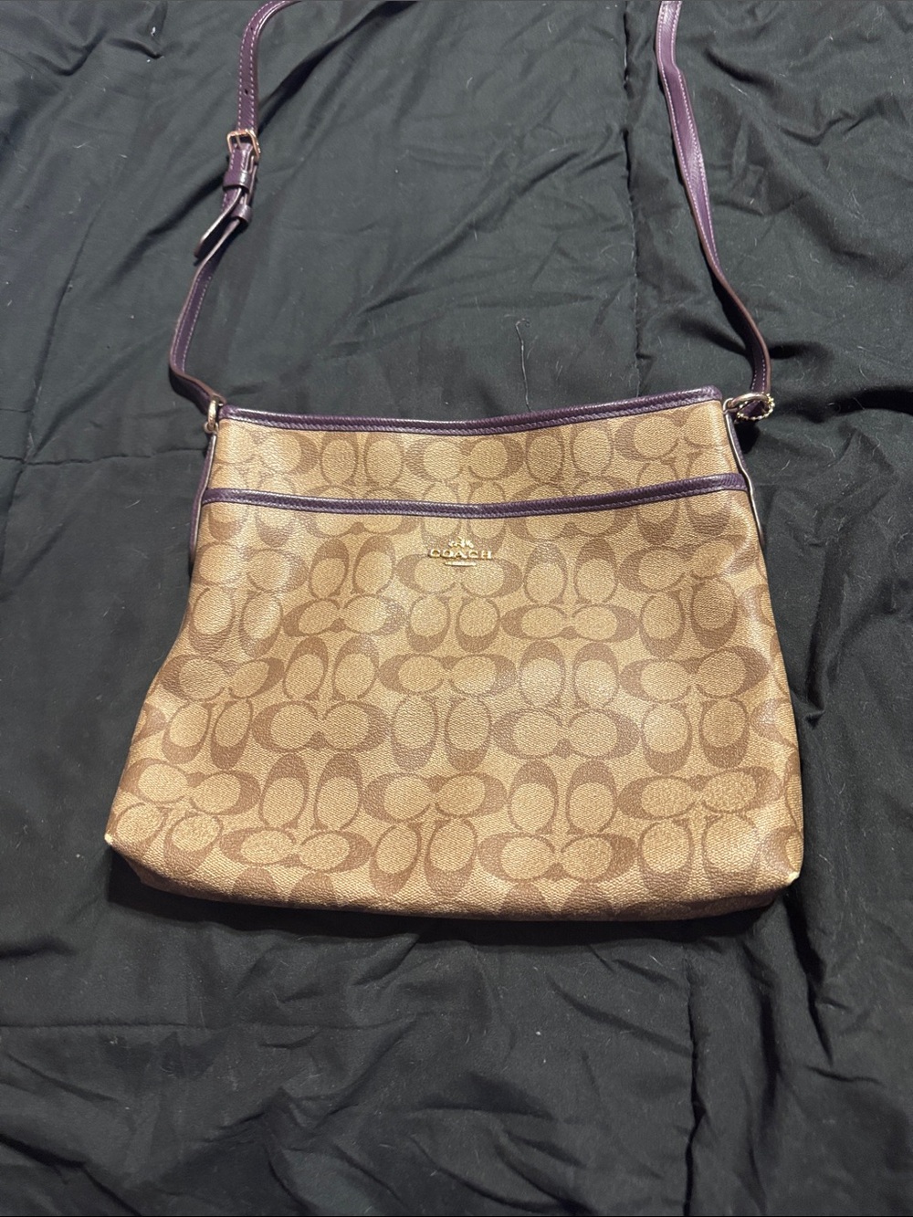 Coach Brown Signature file Crossbody with Purple Trim